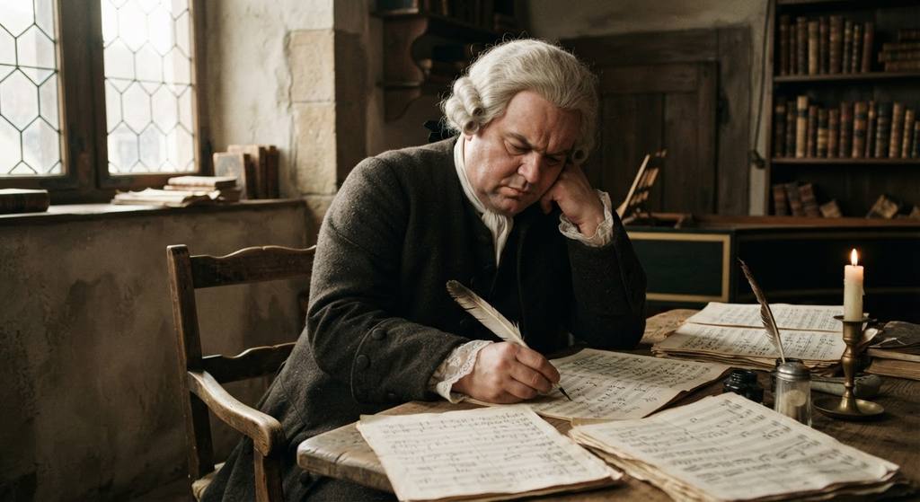 Late afternoon light hits dense staff paper covered in intricate, handwritten contrapuntal musical notation.