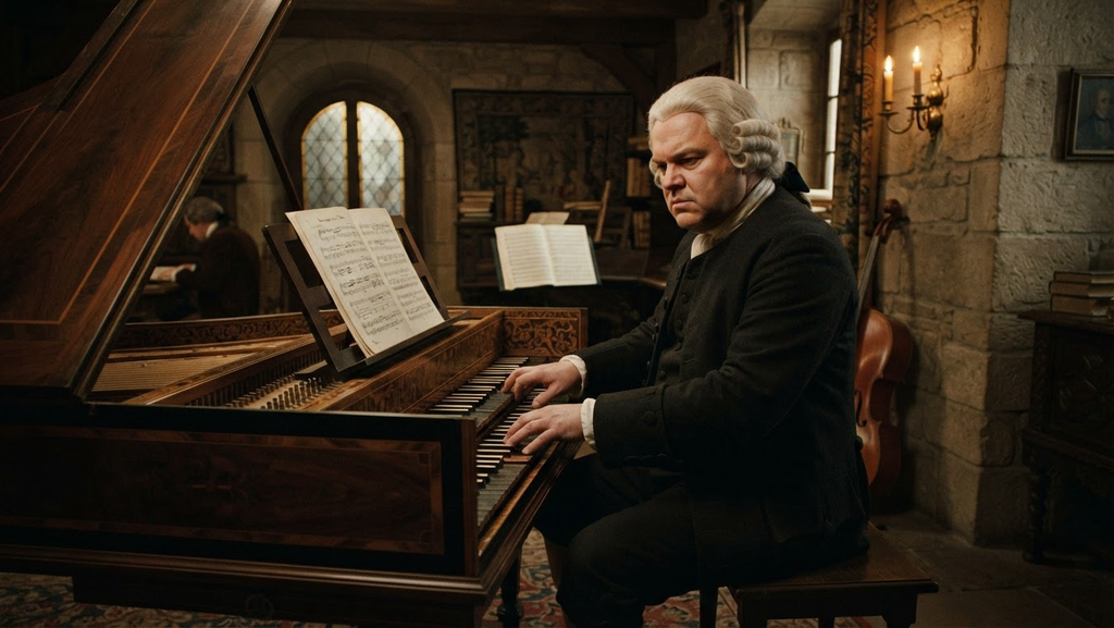 A double-manual harpsichord sits in a stone parlor next to brass candle sconces.
