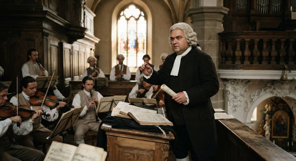 A large choir stand overlooks a loft space filled with violins, oboes, and scattered vocal scores.