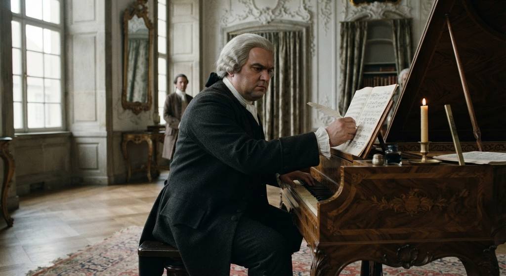 A Silbermann fortepiano stands in a high-ceilinged Prussian palace hall with tall windows.