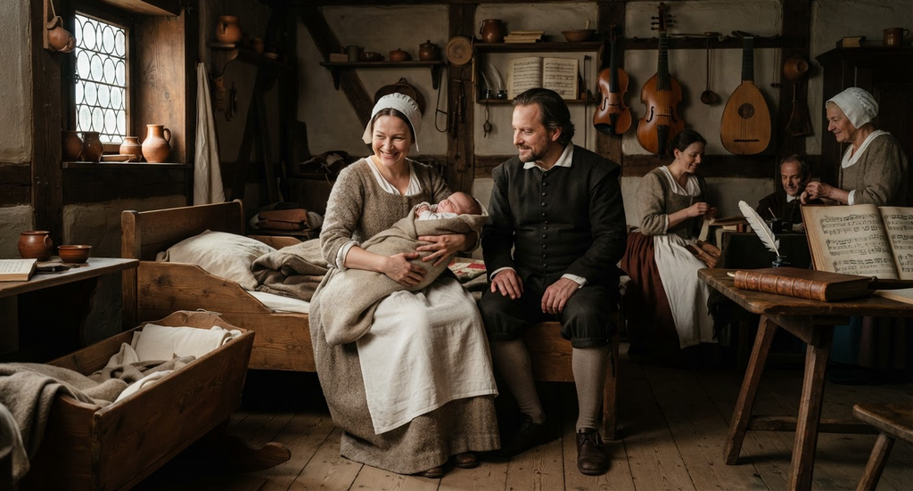 A newborn infant lies in a cradle inside a timber-framed Thuringian home, surrounded by family members and various stringed instruments.