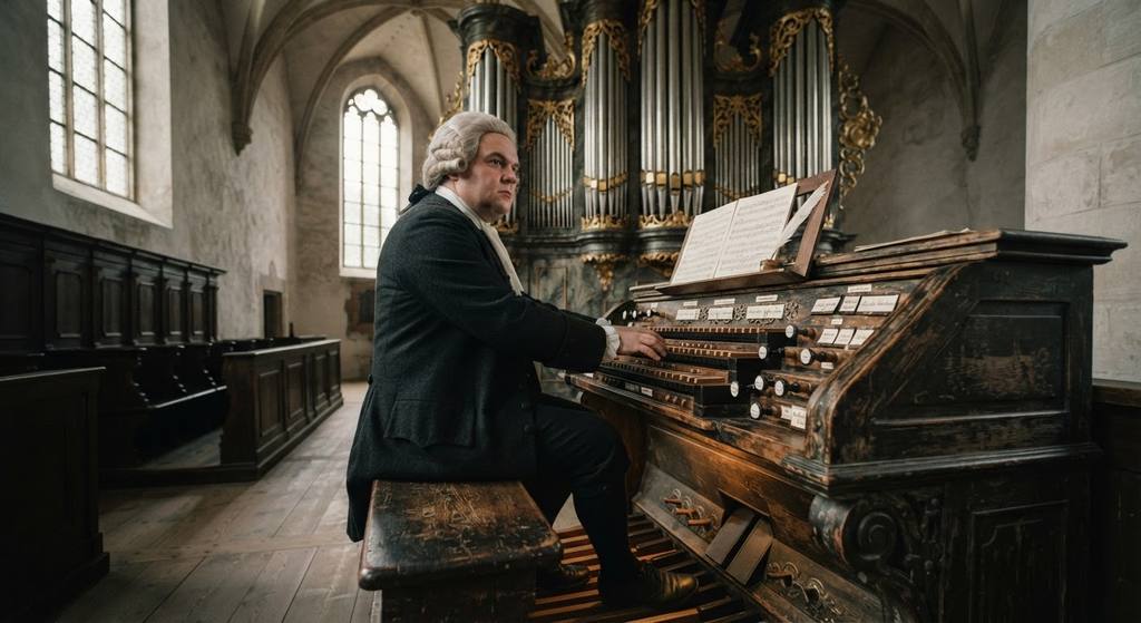 A young organist in a powdered wig sits at the console of a large, ornate Baroque pipe organ inside a German church.