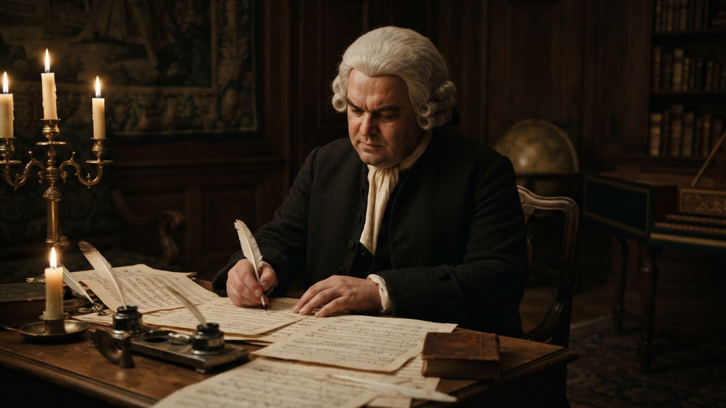 Bach sits at a candlelit wooden desk in a grand court setting, carefully writing musical notation onto manuscript paper.