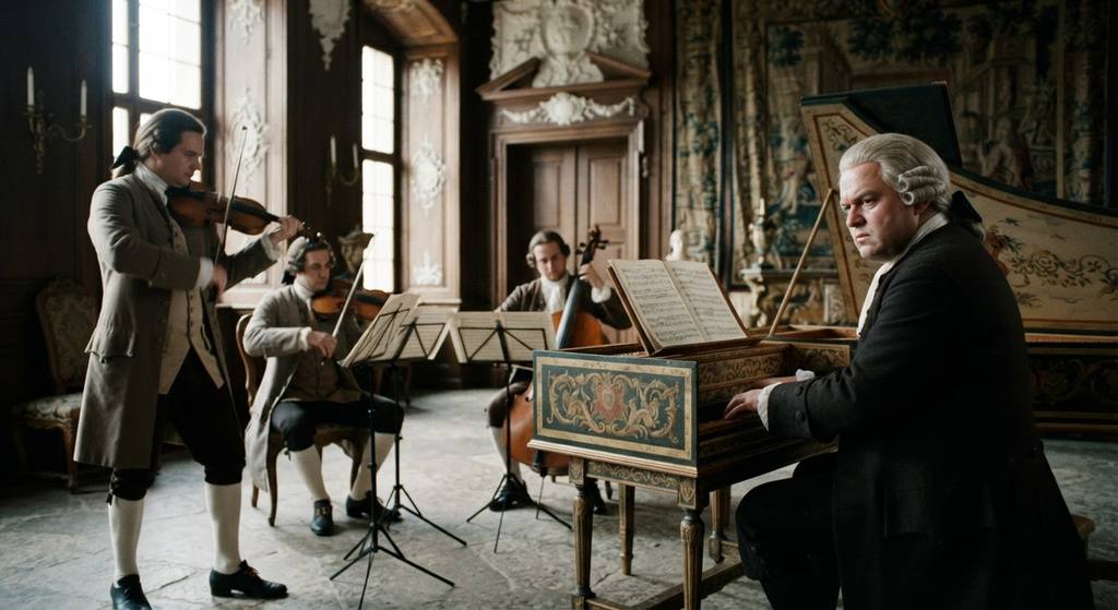 Musicians perform chamber music with a harpsichord and violins in a lavishly decorated prince's hall.