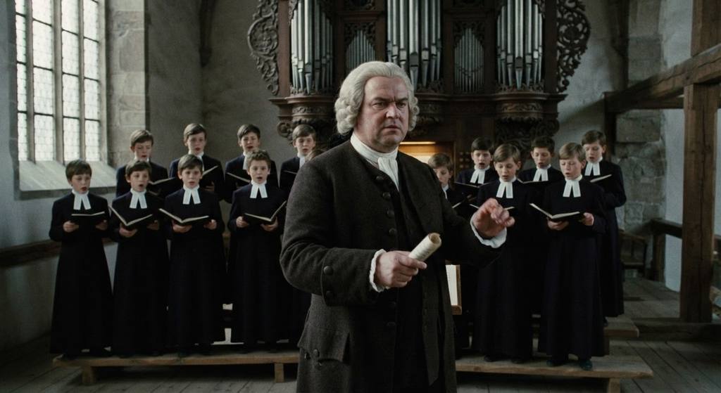 Bach stands in the organ loft of St. Thomas Church, gesturing to conduct a group of choir boys.