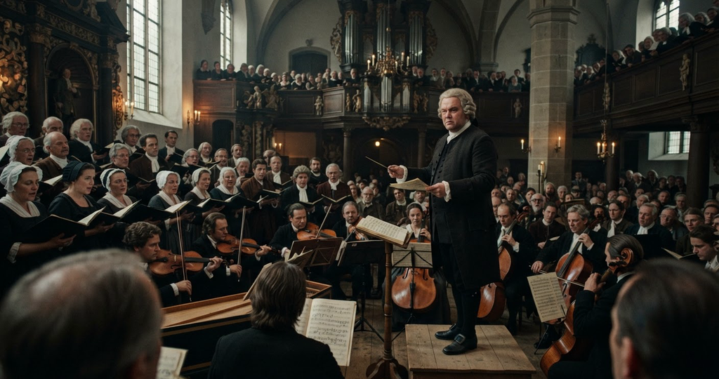 A crowded Baroque church interior filled with musicians and a choir performing during a Good Friday service.
