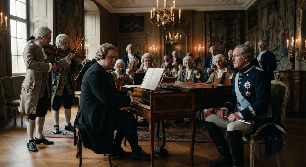 Bach plays an early fortepiano before King Frederick the Great and his court musicians in a palace hall.