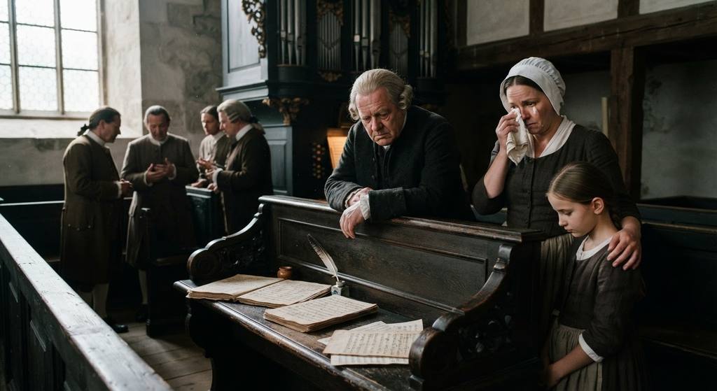 Hand-copied music manuscripts and quill inkwells rest on a dark oak organ bench in a quiet, empty room.