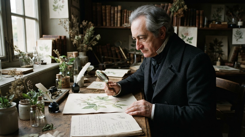 A detailed botanical study of leaves and flower petals lies on a wooden desk.