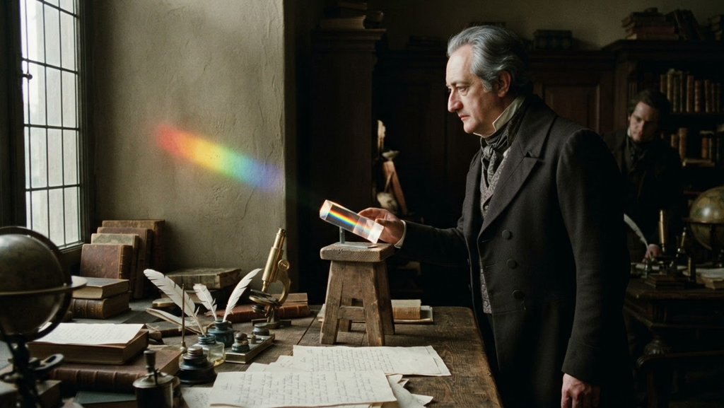 A glass prism casts a spectrum of light onto a shaded wall in a dark study.