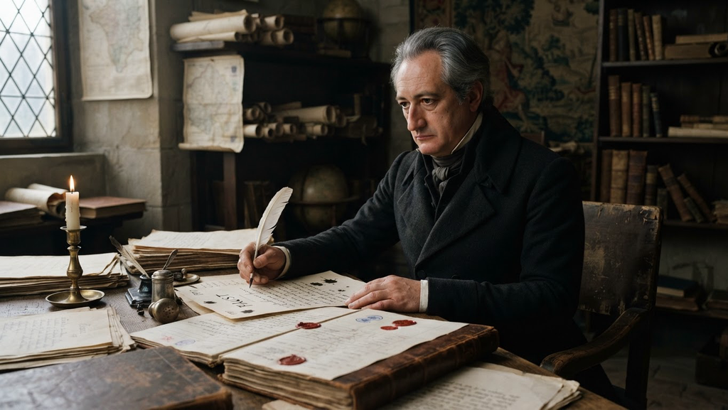 Administrative government ledgers and seals lie next to a handwritten drama manuscript.