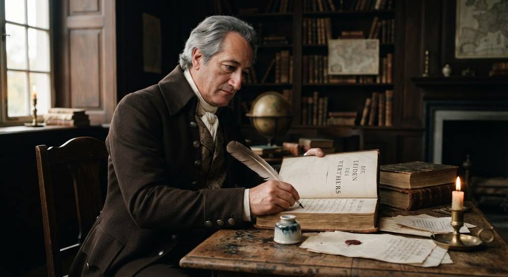 A quill, inkwell, and open 18th-century manuscript rest on a dark wooden scholar's desk.