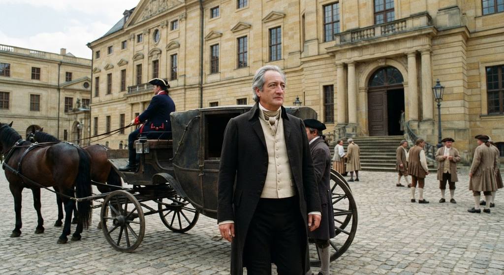 A horse-drawn carriage arrives at the grand entrance of a ducal palace in Weimar.
