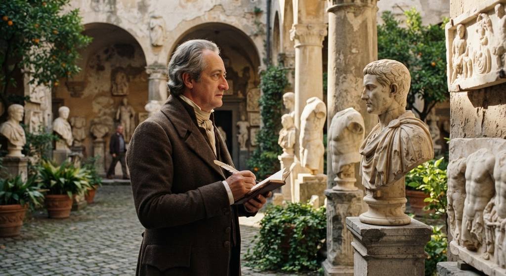 Sunlight casts long shadows across classical marble statues in an Italian courtyard.