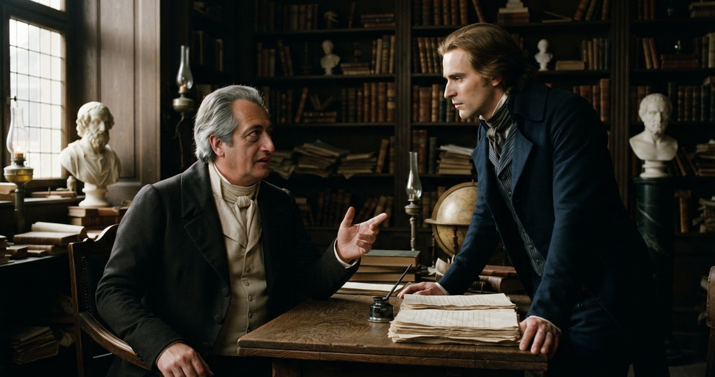 Two men in 18th-century attire converse in a study filled with books and plaster busts.