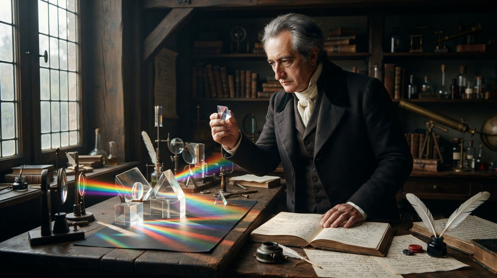 Glass prisms and beams of colored light sit on a wooden table beside handwritten notes.