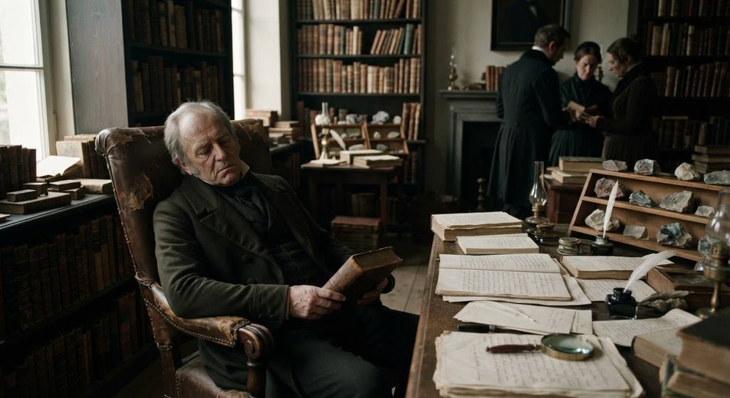An elderly scholar rests in an armchair within a quiet, book-filled library.