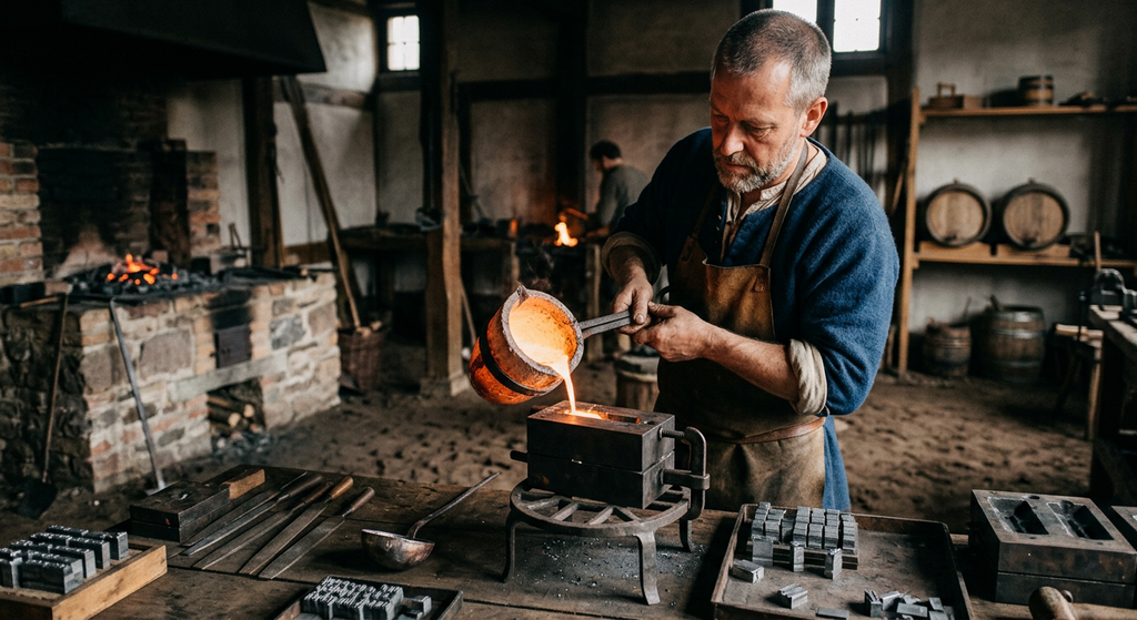 A craftsman pours molten metal into a handheld two-part steel casting mold.
