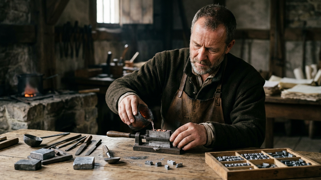 Small metallic type pieces are arranged in rows within a compartmentalized wooden tray.
