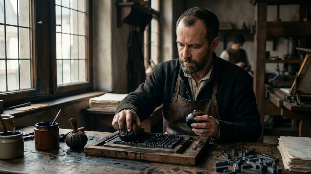 Leather ink balls are used to apply thick black paste onto set metal type.