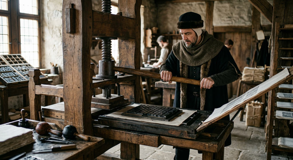 A large oak screw press applies pressure to damp paper against inked metal type.