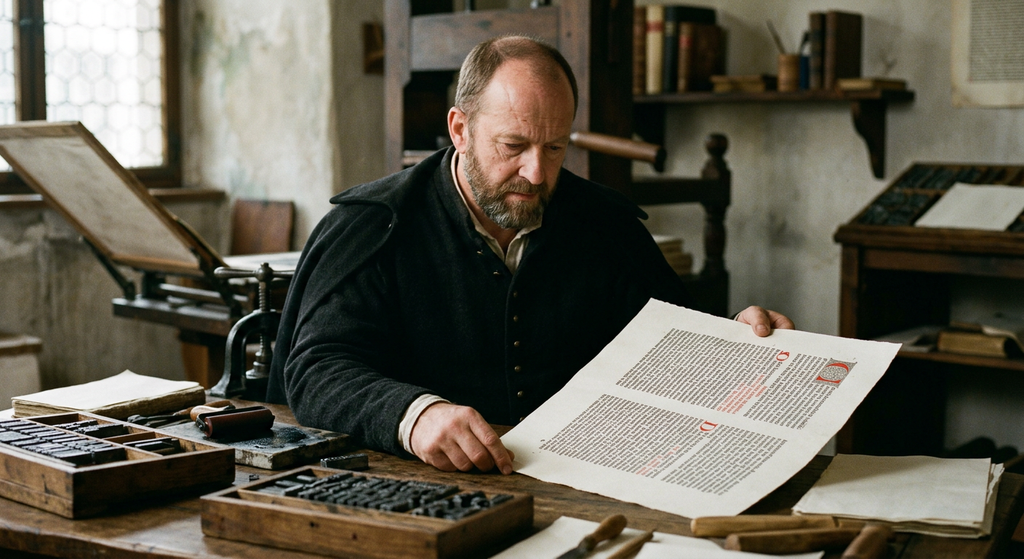 A printed page of the 42-Line Bible shows sharp, dense columns of Latin text.