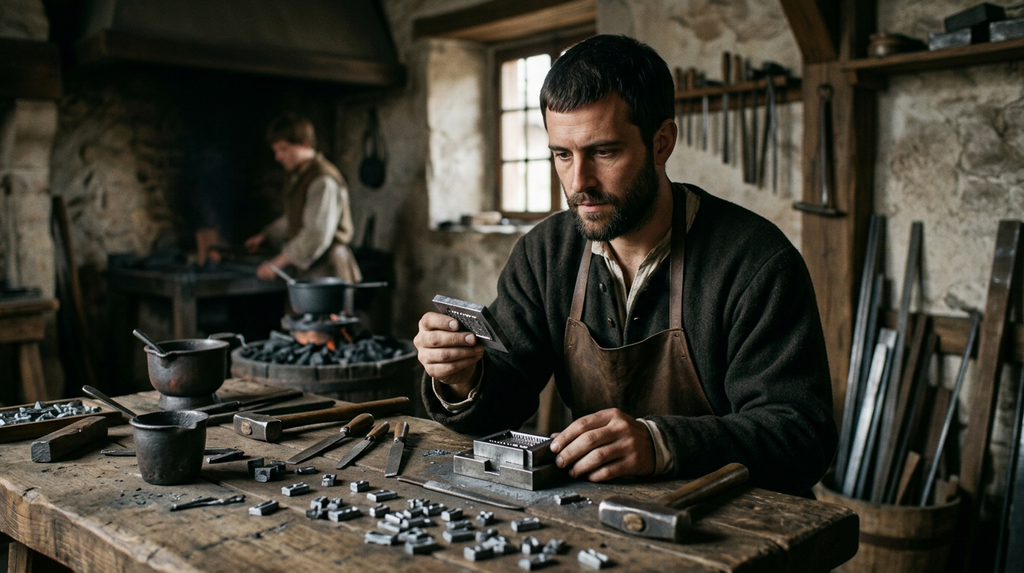 A craftsman works with specialized metal tools in a dimly lit, secret workshop in Strasbourg.