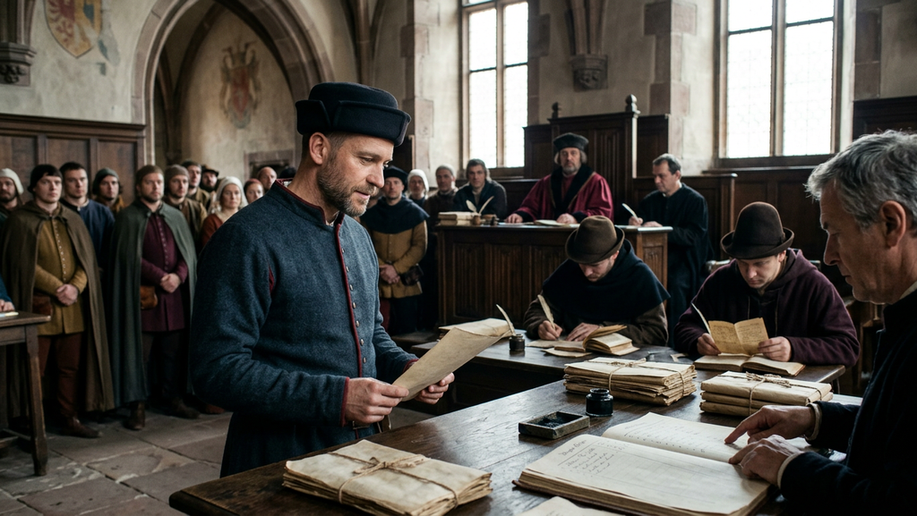 Scribes examine legal documents inside a medieval Strasbourg courtroom.