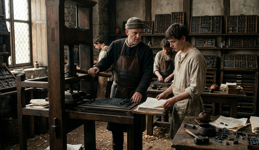 Wooden cabinets filled with thousands of tiny lead letters sit in a dark German workshop.