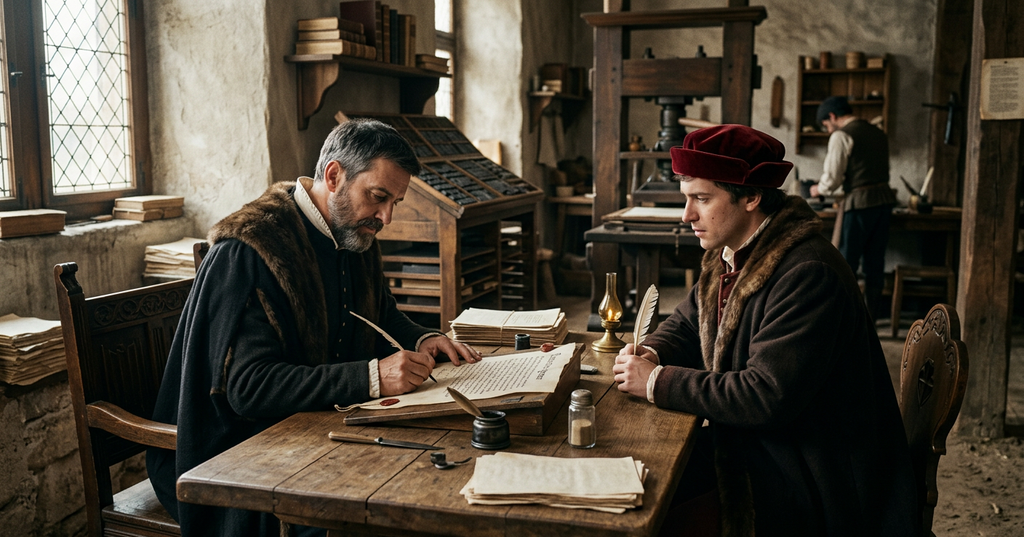 Two men in wool coats sign a parchment contract at a heavy wooden table.