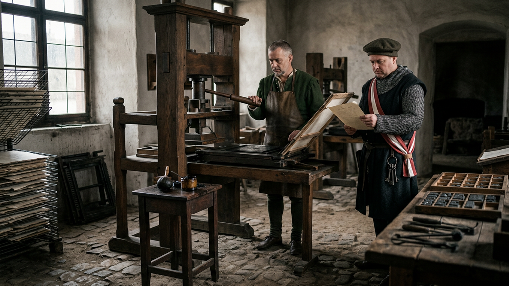 A bailiff inspects heavy wooden printing equipment inside an empty, quiet workshop.
