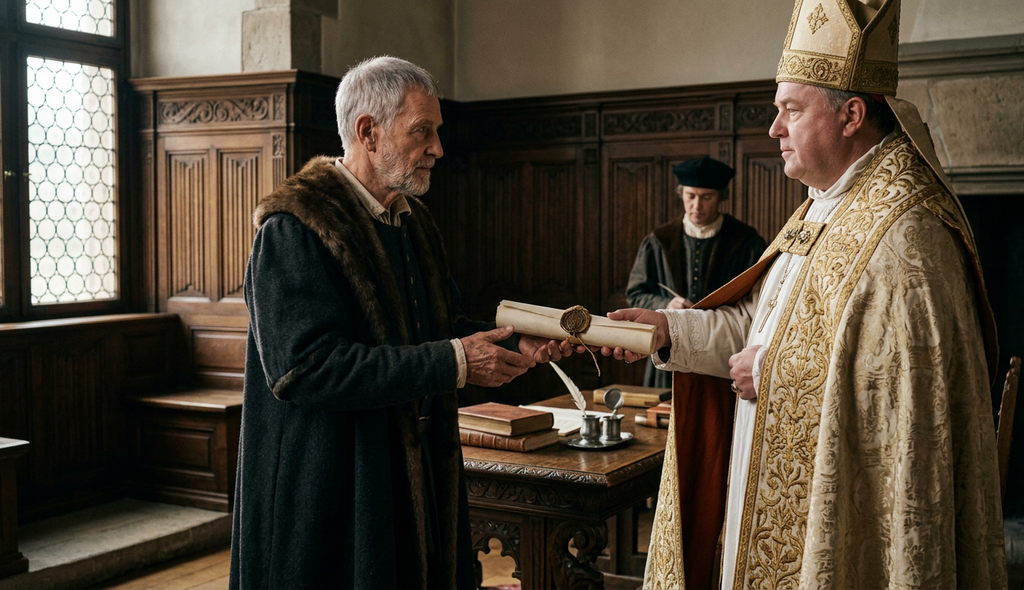 An elderly man receives a sealed pension scroll from an archbishop in ceremonial robes.