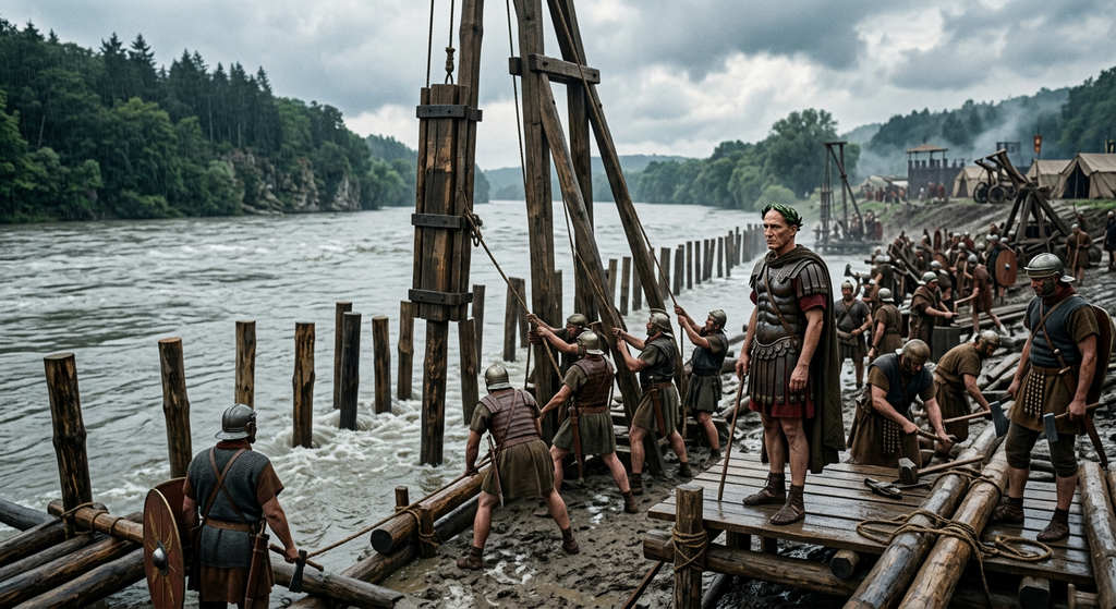 Roman engineers drive heavy timber piles into a wide, fast-flowing river.