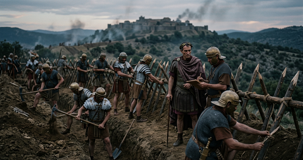 Legionaries build wooden palisades and trenches outside a fortified hilltop settlement.
