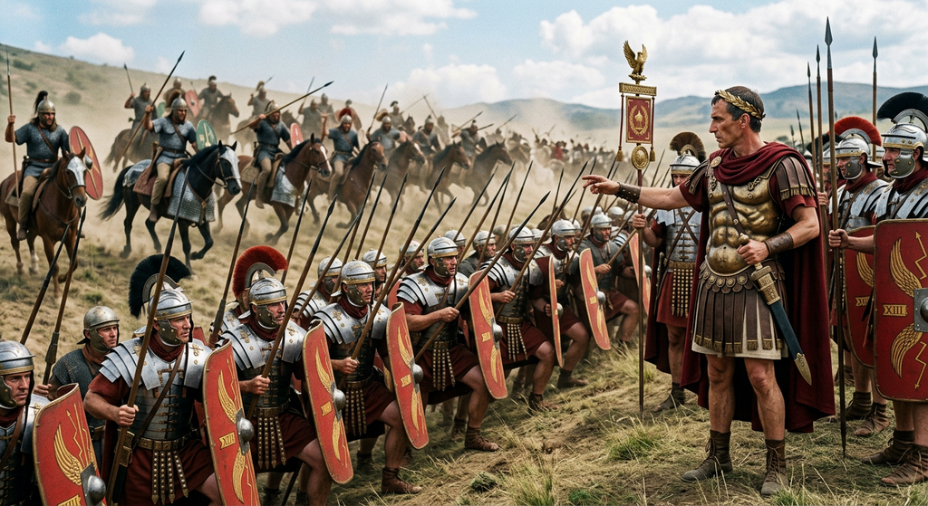 Roman infantrymen hold javelins upright to brace against advancing cavalry.