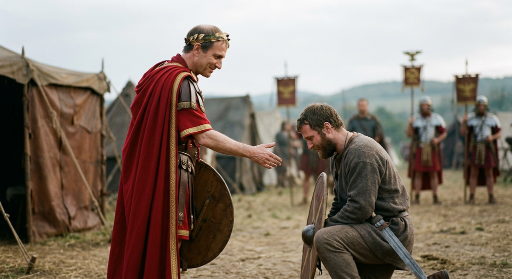 Julius Caesar in a red cloak gestures benevolently toward a surrendered soldier.