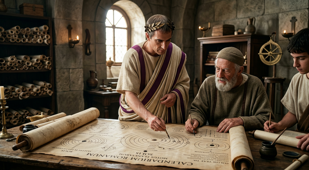 Astronomers unroll parchment charts showing planetary movements near Caesar.