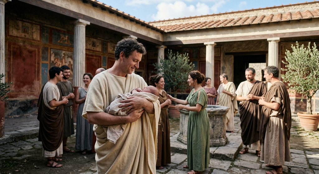 A fair-complexioned man stands in a Roman courtyard with frescoed walls.
