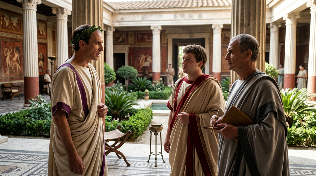 Three Roman statesmen in togas converse within a sunlit colonnaded courtyard.