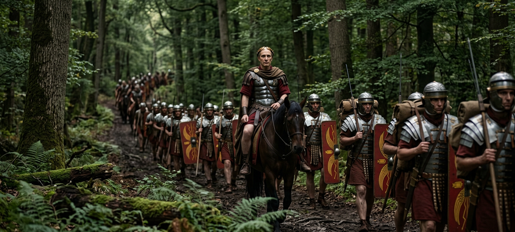 Julius Caesar leads Roman legionaries in armor through a dense European forest.