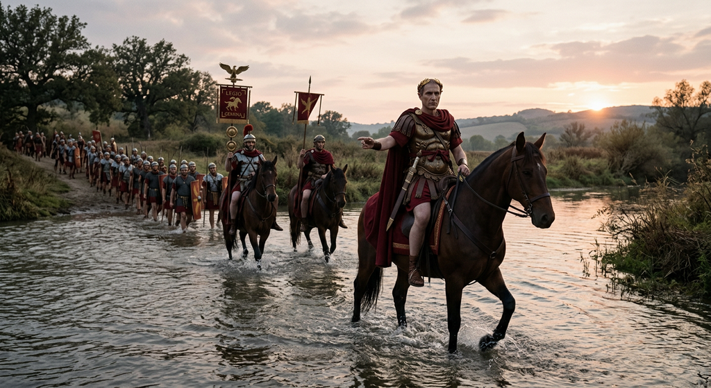 Julius Caesar rides a horse across a shallow river at dawn with his soldiers.