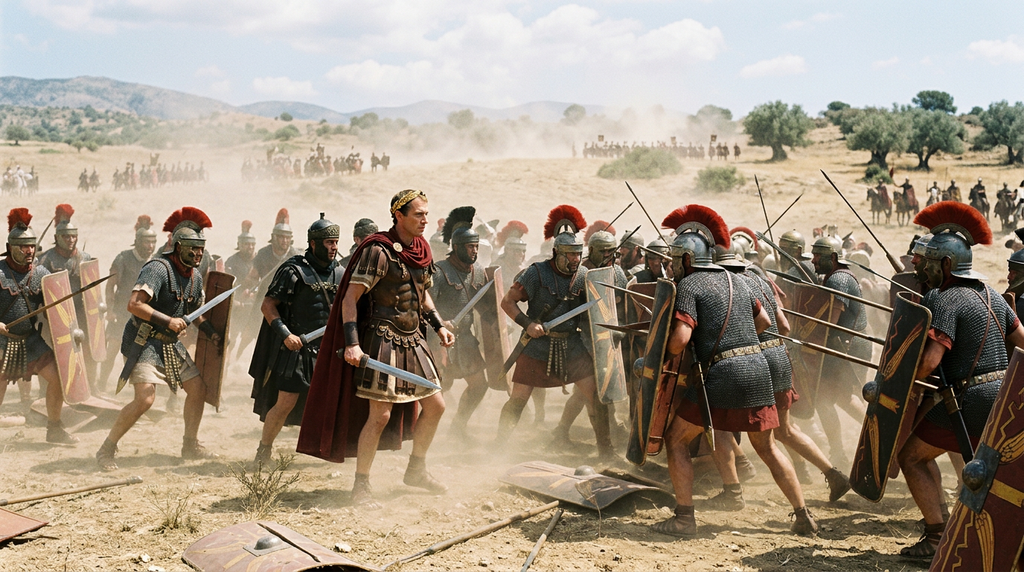 Roman infantry clash on a dusty plain under a bright Mediterranean sky.