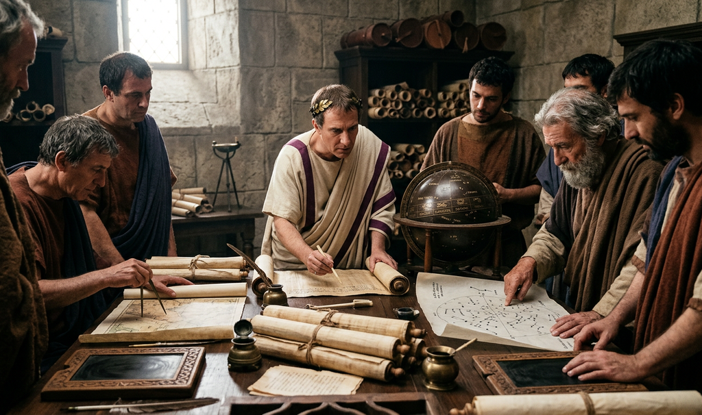 Julius Caesar examines ancient scrolls and charts with scholars and astronomers.