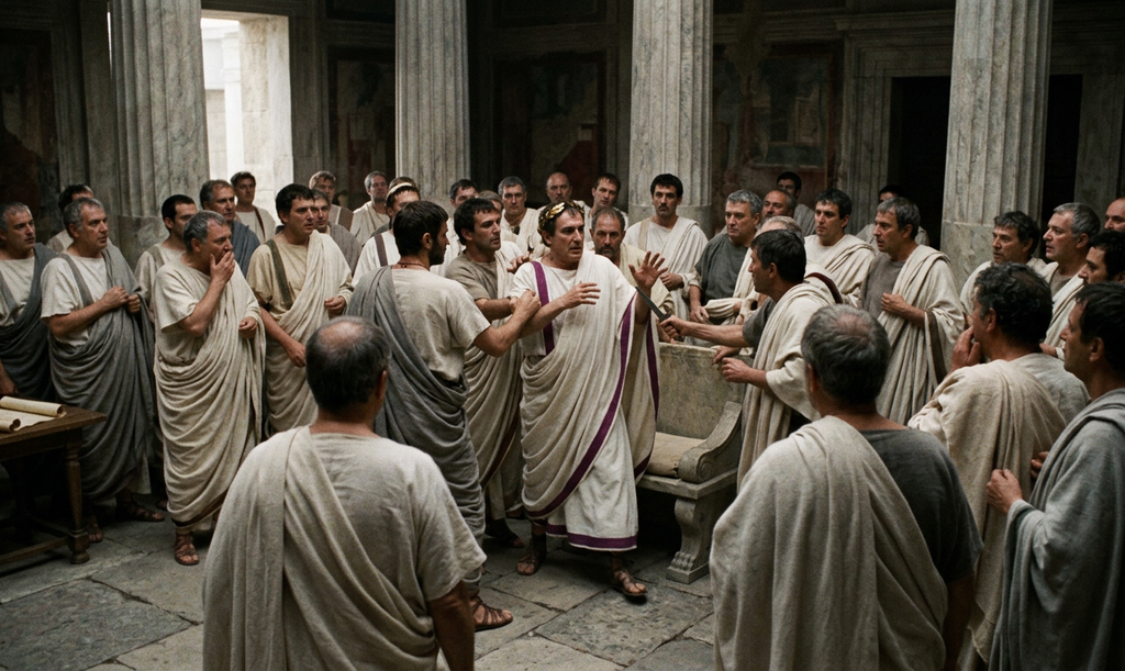 Roman senators in togas gather tensely around Caesar in the Theatre of Pompey.