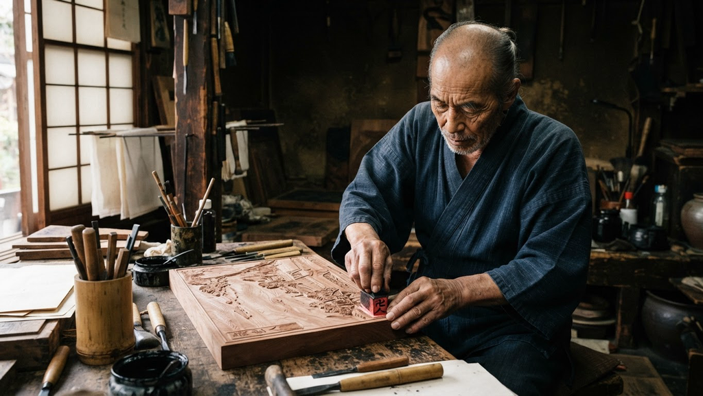 A woodblock carver uses a tool to stamp a new artist signature onto a cherrywood block in a dark studio.