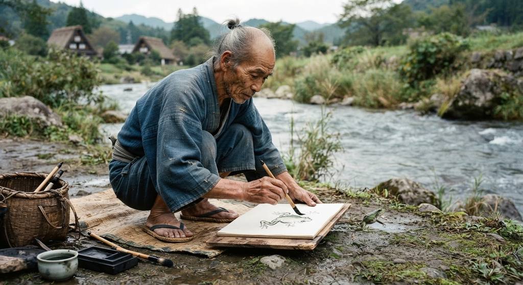 Hokusai crouches by a rural riverbank, using a reed brush to sketch a jumping frog on rice paper.