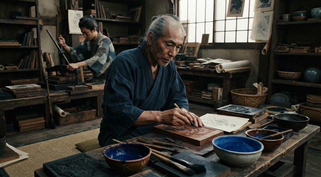 Bowls of deep indigo and Prussian blue pigment sit beside carved woodblocks in a workshop.