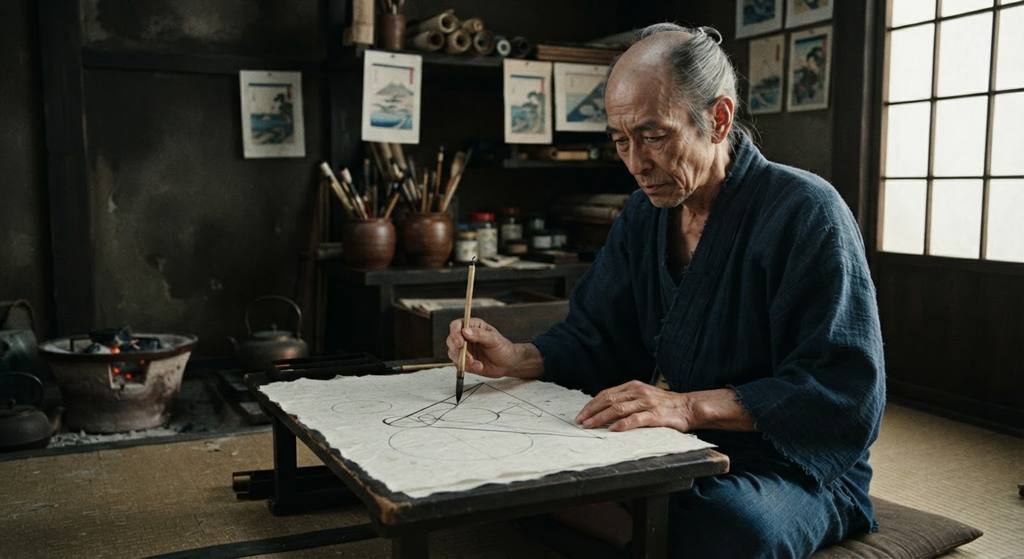 A rice paper page features geometric diagrams of triangles and circles forming the shape of Mount Fuji.