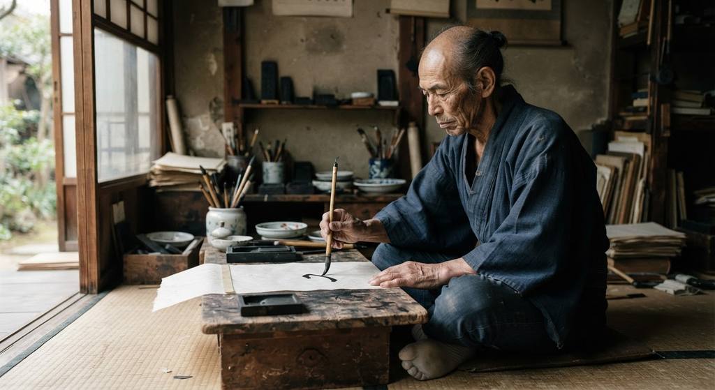 An elderly artist with a shaved head sits on a tatami mat, holding a brush with intense concentration.