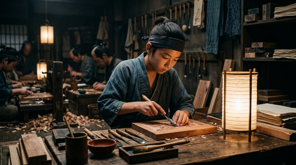 A young apprentice carves intricate designs into wooden blocks by the glow of paper lanterns in a workshop.
